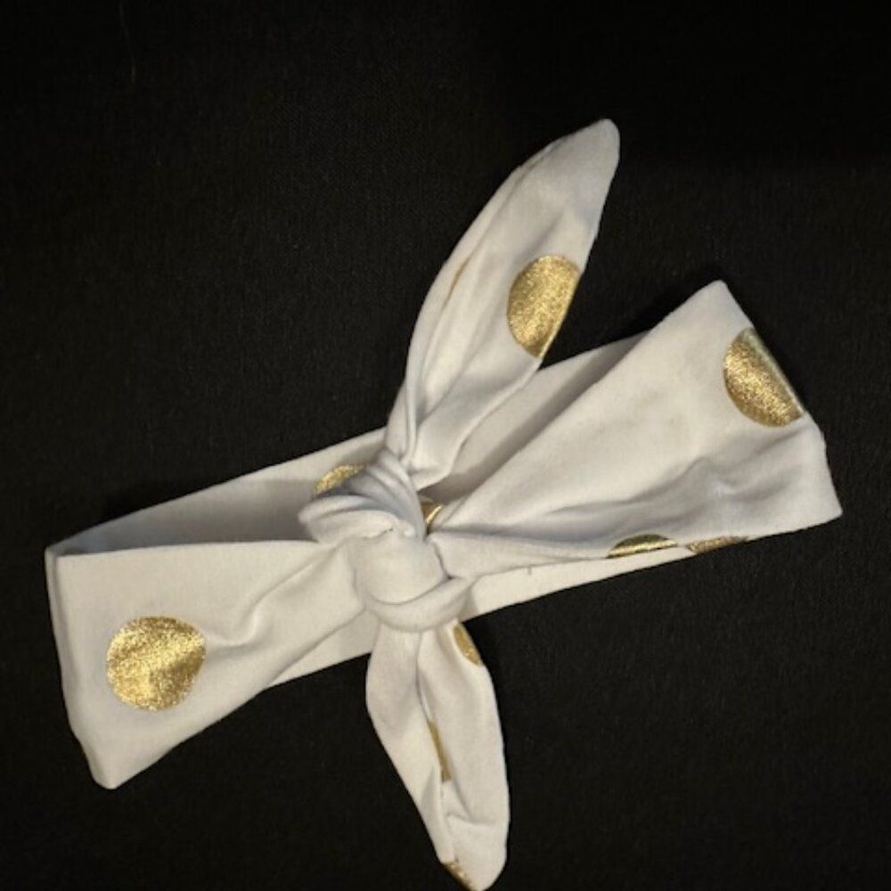 White & Gold Dot Bow Tie Cotton Headband   WGKH  Handmade NWT Boutique